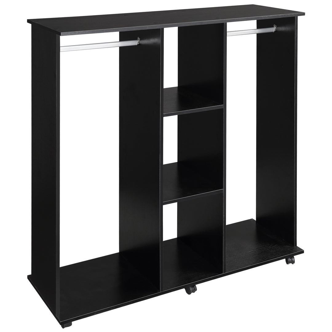 Double Mobile Open Wardrobe With Clothes Hanging Rails Storage Shelves Organizer Bedroom Furniture - Black