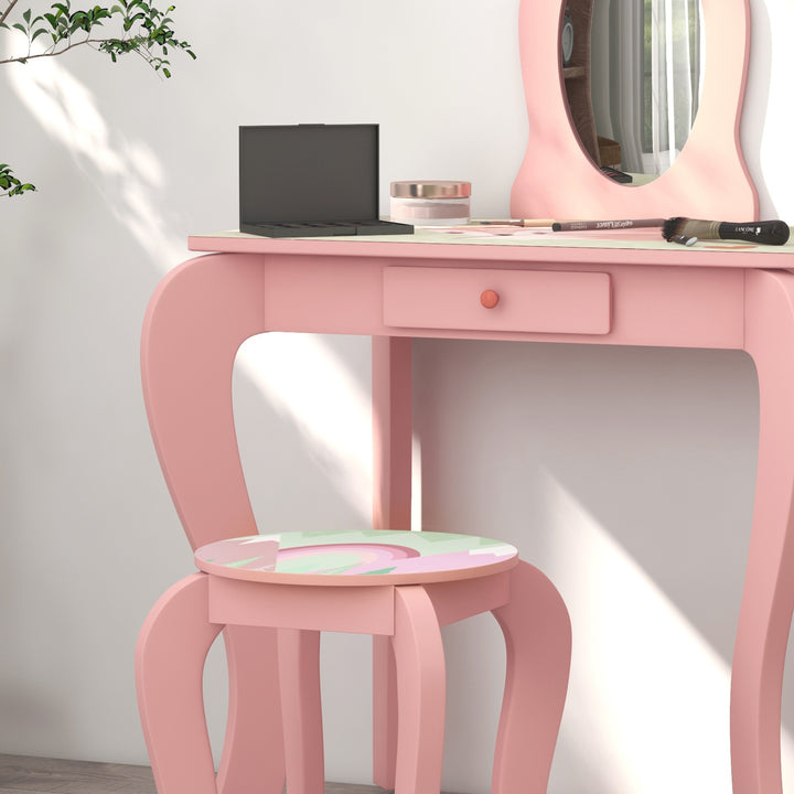 Kids Dressing Table with Mirror and Stool, Girls Vanity Table Makeup Desk with Drawer for 3-6 Years - Pink