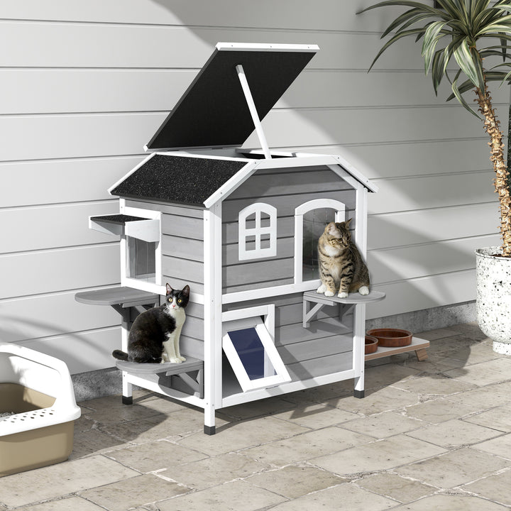 Solid Wood Cat Condos Pet House Water Proof Outdoor 2-Floor Villa, Grey