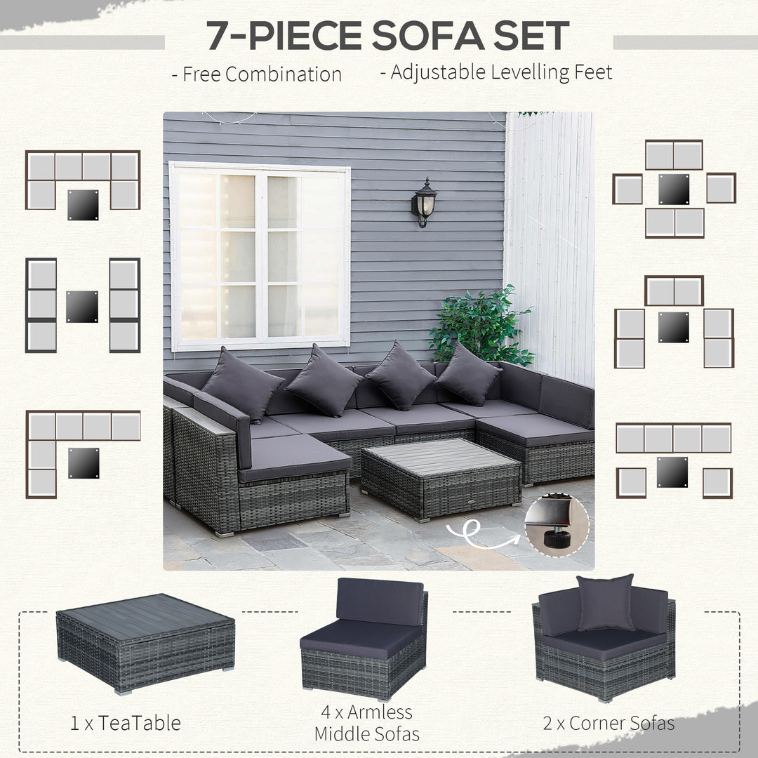 Outsunny 7 Pieces Patio Wicker Sofa Set, Outdoor PE Rattan Sectional Furniture Set w/ Acacia Table Top &amp; Cushion for Garden, Backyard, Grey