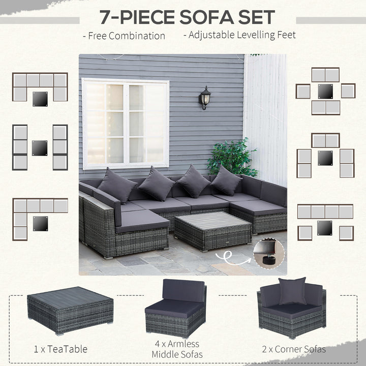 Outsunny 7 Pieces Patio Wicker Sofa Set, Outdoor PE Rattan Sectional Furniture Set w/ Acacia Table Top &amp; Cushion for Garden, Backyard, Grey