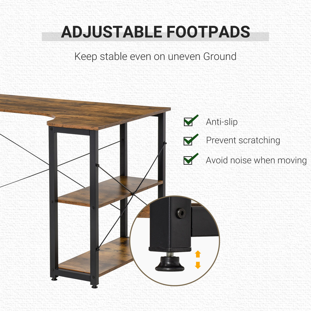 HOMCOM L-Shaped Computer Desk Home Office Corner Desk Study Workstation Table with 2 Shelves, Steel Frame, Rustic Brown