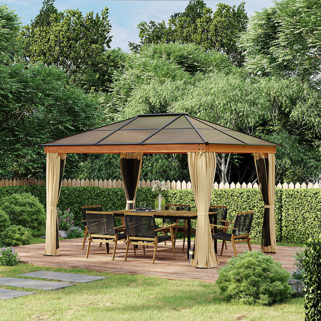 3 x 3.6 m Hardtop Gazebo Canopy with Polycarbonate Roof, Aluminium and Steel Frame, Nettings and Sidewalls for Garden, Patio, Khaki