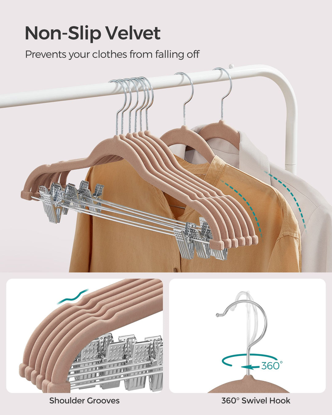 Set of 30 Velvet Hangers with Clips Pale