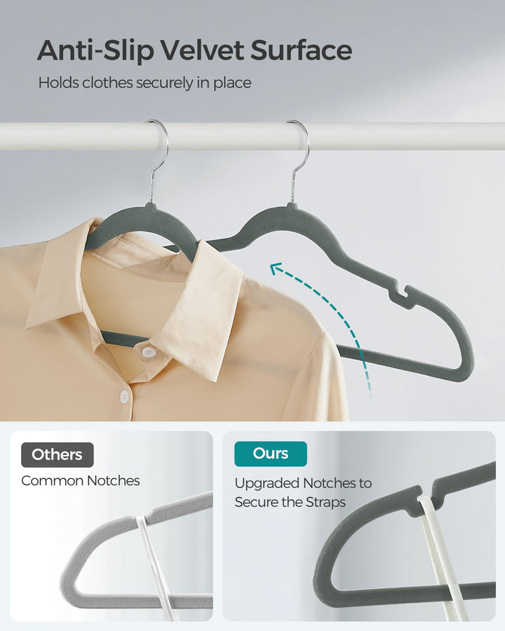 Velvet Hangers 20 Pack, Non-Slip Clothes Hangers, with Shoulder Notches, Pants Bar, Gray