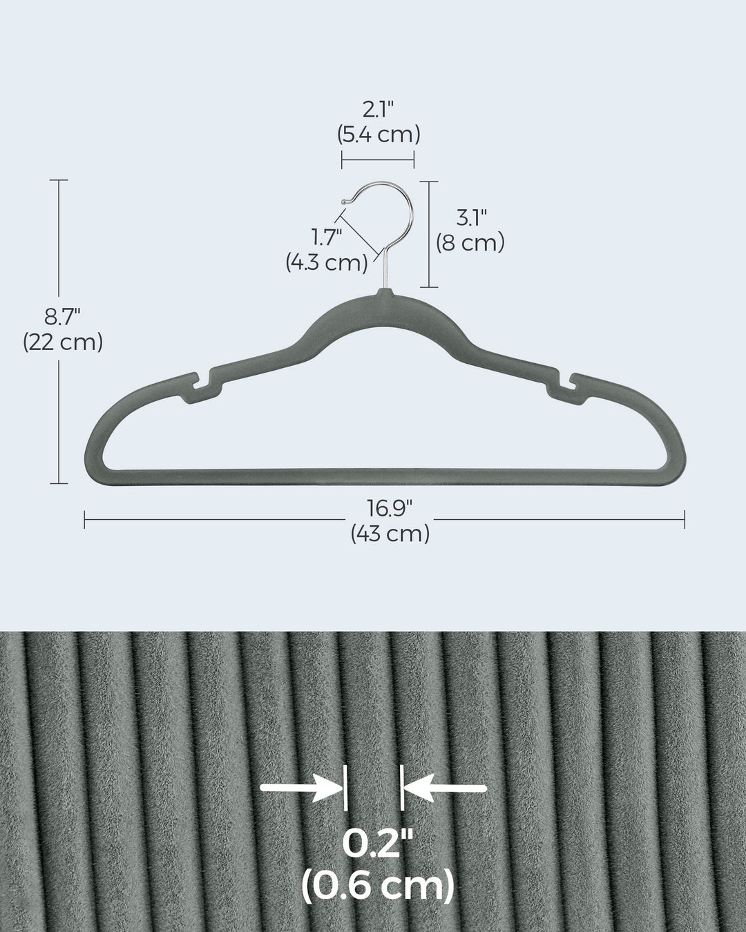 Velvet Hangers 20 Pack, Non-Slip Clothes Hangers, with Shoulder Notches, Pants Bar, Gray