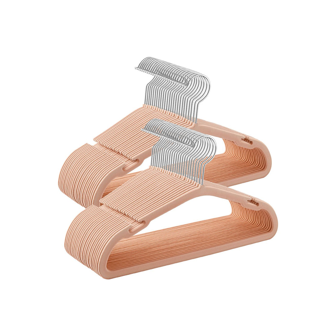 Kids Hangers 50 Pack, Non-Slip Velvet Hangers, Baby Hangers for Closet, Silver Swivel Hooks, Wide Shoulder Notches, Coral Pink