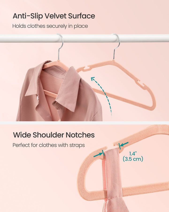 Kids Hangers 50 Pack, Non-Slip Velvet Hangers, Baby Hangers for Closet, Silver Swivel Hooks, Wide Shoulder Notches, Coral Pink