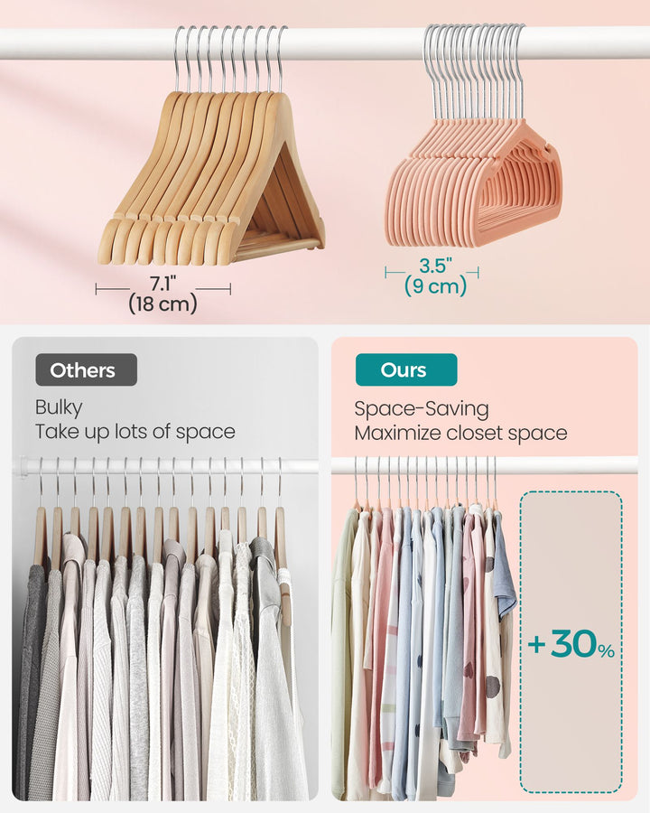 Kids Hangers 50 Pack, Non-Slip Velvet Hangers, Baby Hangers for Closet, Silver Swivel Hooks, Wide Shoulder Notches, Coral Pink