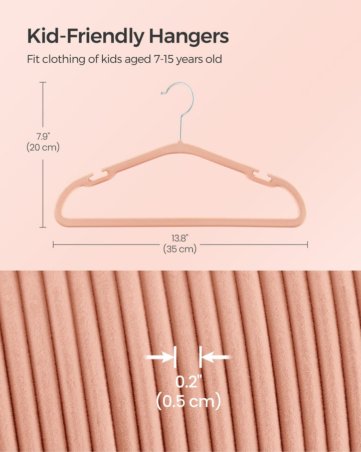 Kids Hangers 50 Pack, Non-Slip Velvet Hangers, Baby Hangers for Closet, Silver Swivel Hooks, Wide Shoulder Notches, Coral Pink