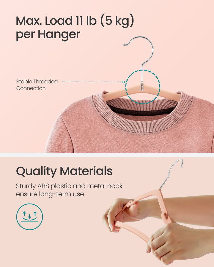 Kids Hangers 50 Pack, Non-Slip Velvet Hangers, Baby Hangers for Closet, Silver Swivel Hooks, Wide Shoulder Notches, Coral Pink