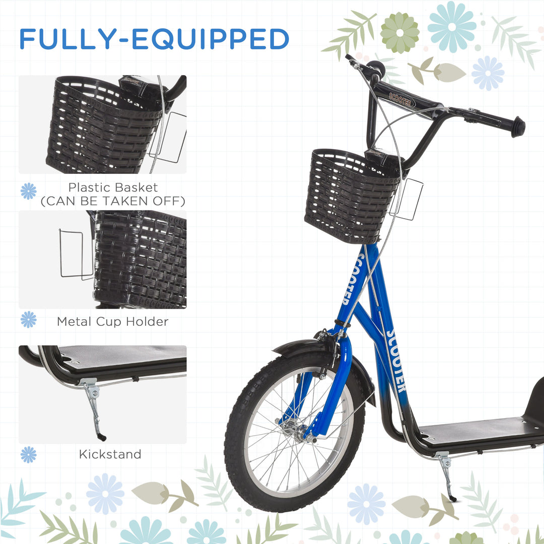 Kids Kick Scooter Teen Ride On Children Scooter with Adjustable Handlebar 2 Brakes Basket Cupholder Mudguard 16" Inflatable Rubber Tyres Blue