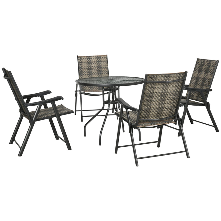 5 Pcs Rattan Dining Sets Garden Dining Set w/ PE Rattan Folding Armchair, Round Glass Top Dining Table with Umbrella Hole, Mixed Grey