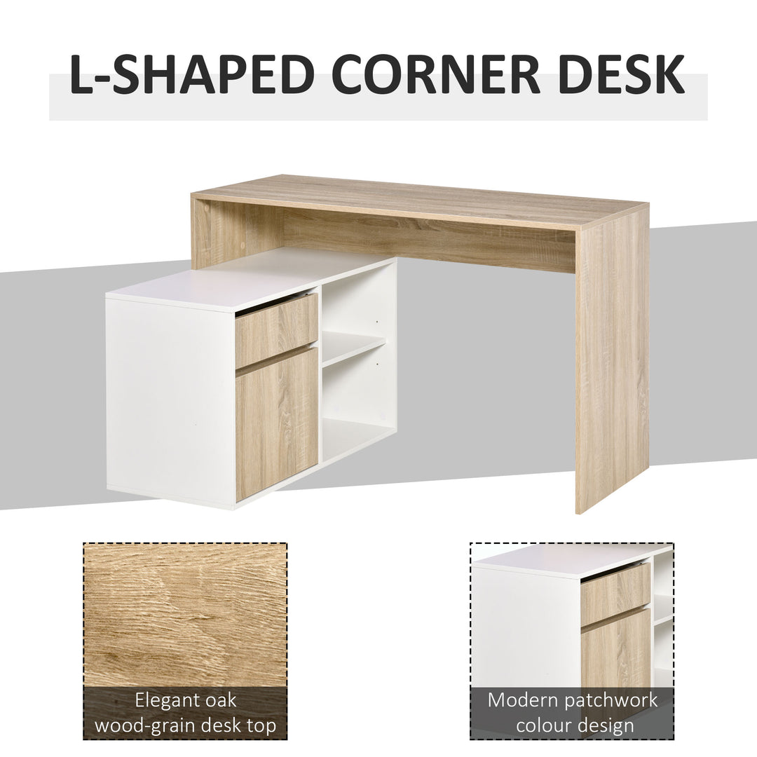 Corner Computer Desk L Shaped Desks Study Table PC Work w/ Storage Shelf Drawer Office, Oak and White