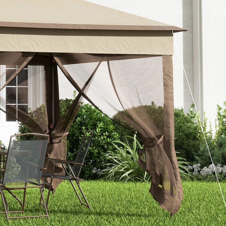 3 X 3(m) Meters Metal Gazebo Party Canopy Garden Pop Up Tent Outdoor Sun Shelter w/ Net Curtain Zipper Door - Khaki