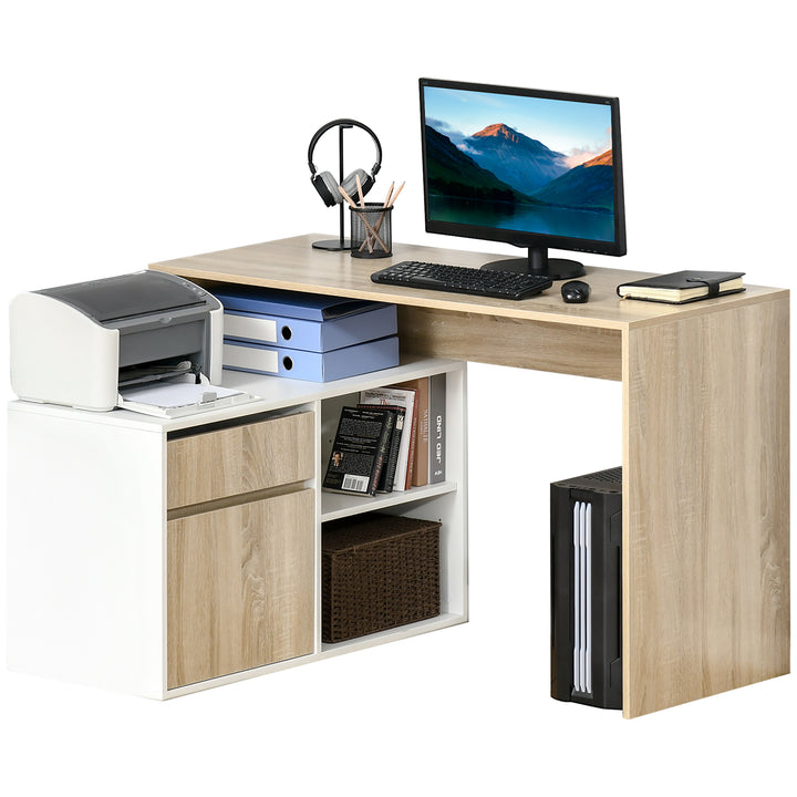 Corner Computer Desk L Shaped Desks Study Table PC Work w/ Storage Shelf Drawer Office, Oak and White