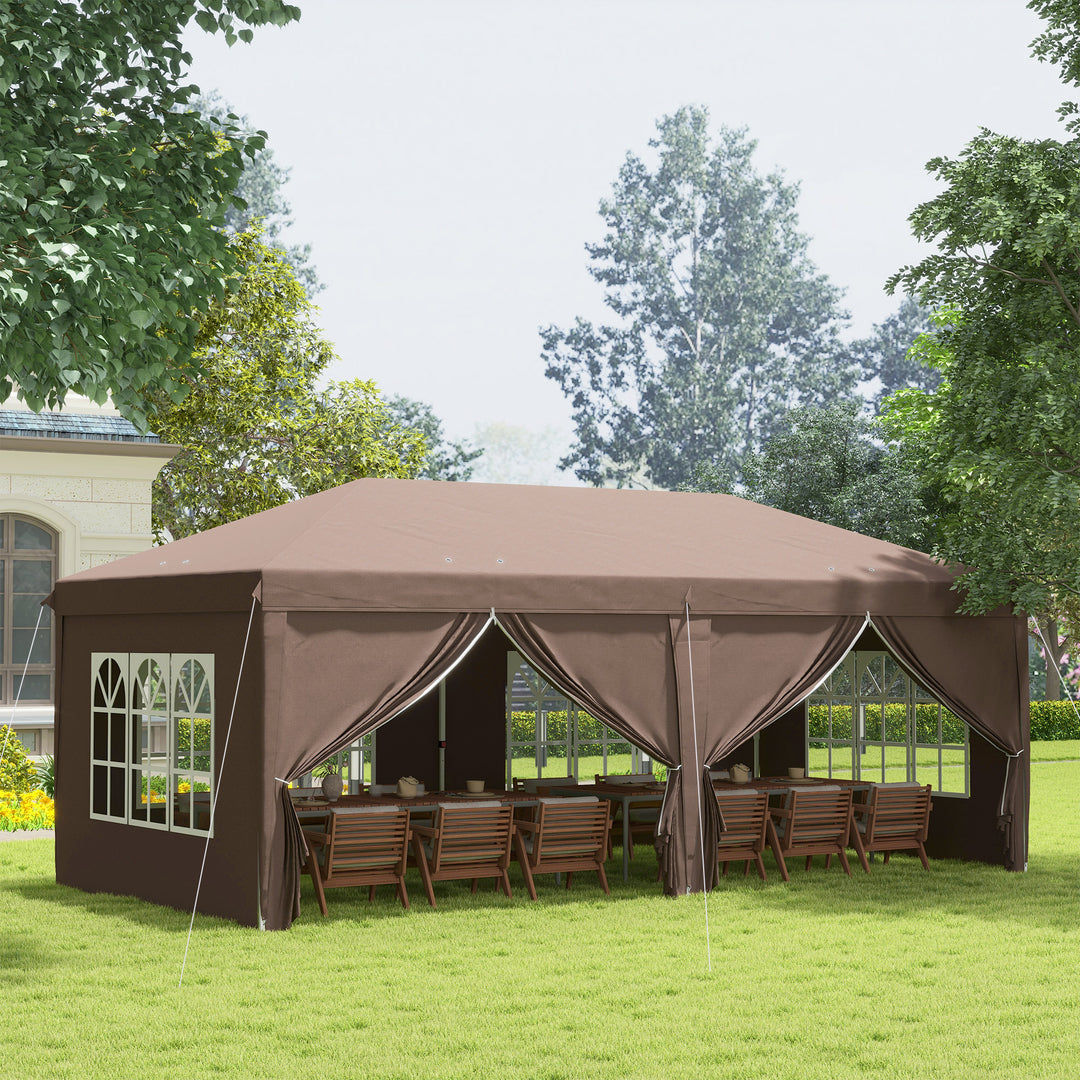 3 x 6 m Pop Up Gazebo with Sides and Windows, Height Adjustable Party Tent with Storage Bag for Garden, Camping, Event, Brown