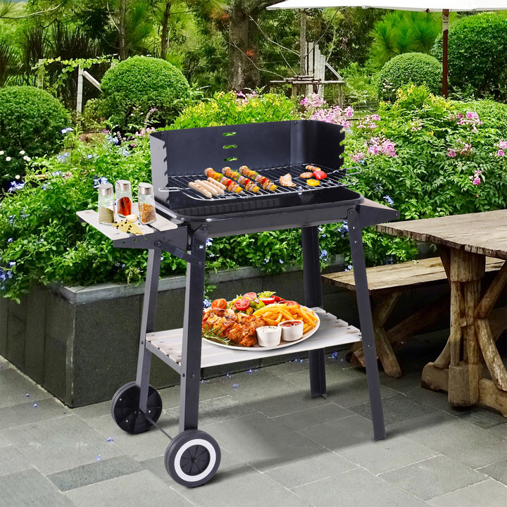 BBQ Grill Trolley Charcoal BBQ Barbecue Grill Outdoor Patio Garden Heating Smoker with Side Trays Storage Shelf and Wheels