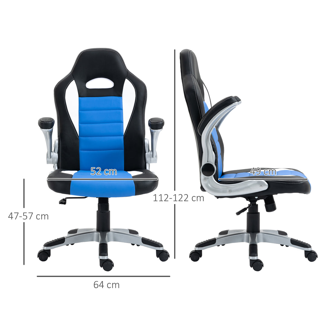 HOMCOM Racing Gaming Chair, PU Leather Computer Desk Chair, Height Adjustable Swivel Chair With Tilt Function and Flip Up Armrests, Blue