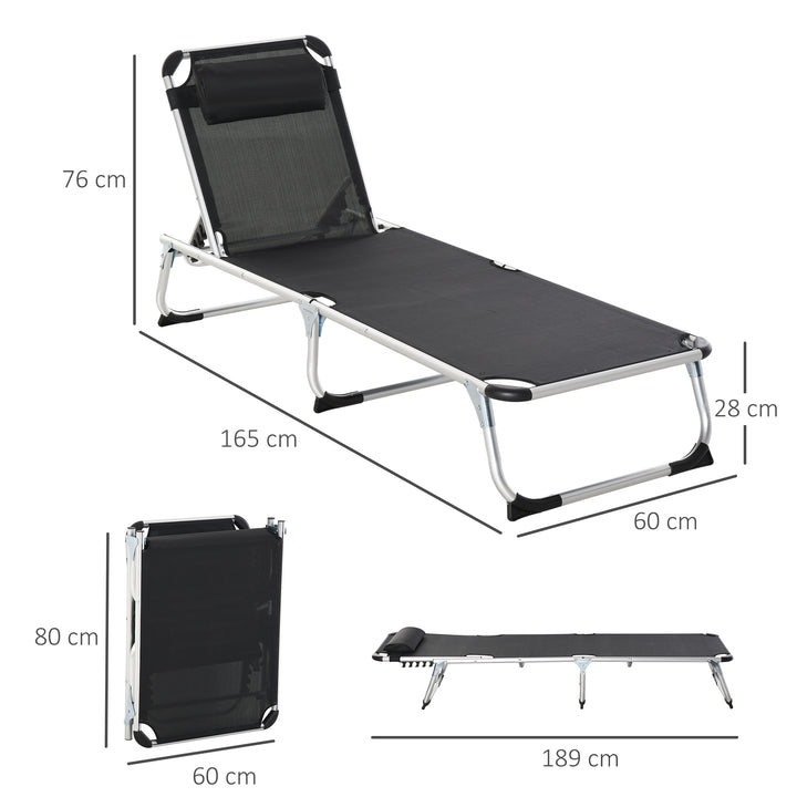 Outsunny Foldable Reclining Sun Lounger Lounge Chair Camping Bed Cot with Pillow 5-Level Adjustable Back Aluminium Frame Black