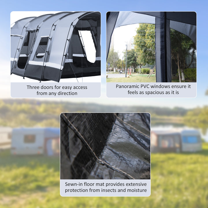 8-Person Camping Tent, Waterproof Family Tent, Tunnel Design, 4 Large Windows, Sleeping Cabins 3000mm Water Column Grey