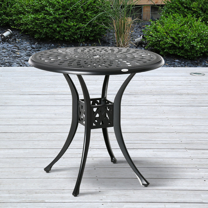 Outsunny 78cm Round Garden Dining Table Bistro Set with Parasol Hole Antique Cast Aluminium Outdoor Table, Black