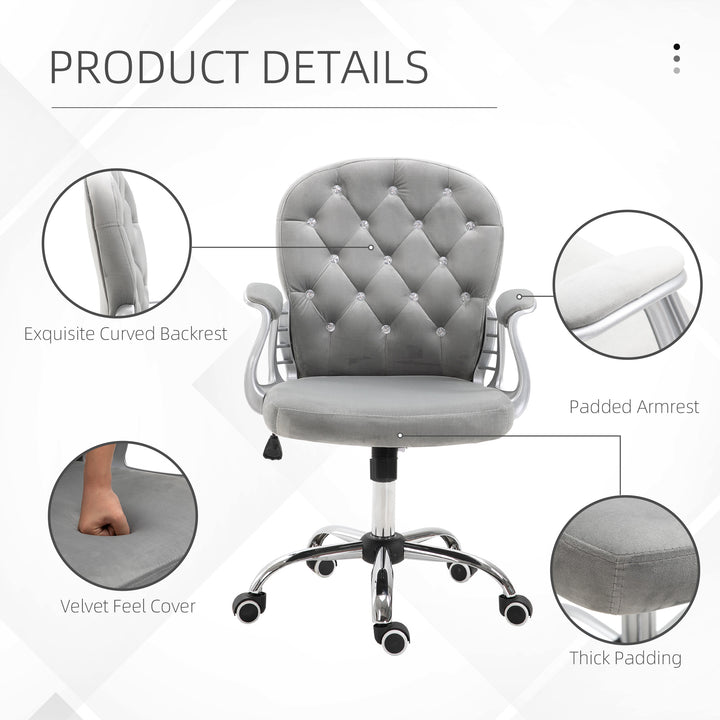 Vinsetto Office Chair Ergonomic 360° Swivel Diamond Tufted Home Work Velour Padded Base 5 Castor Wheels Grey