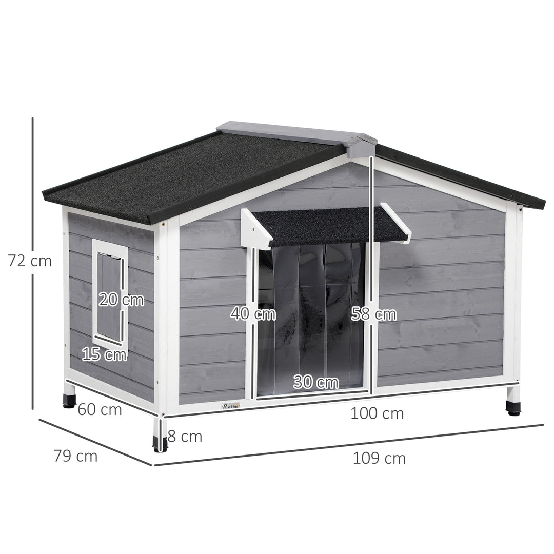 Large Wooden Dog Kennel Elevated Dog Kennels for Outside, with Openable Top, Asphalt Roof, Windows, Curtain, Removable Tray, Adjustable Leg, Dog House Outdoor, 109L x 79W x 72H cm, Grey