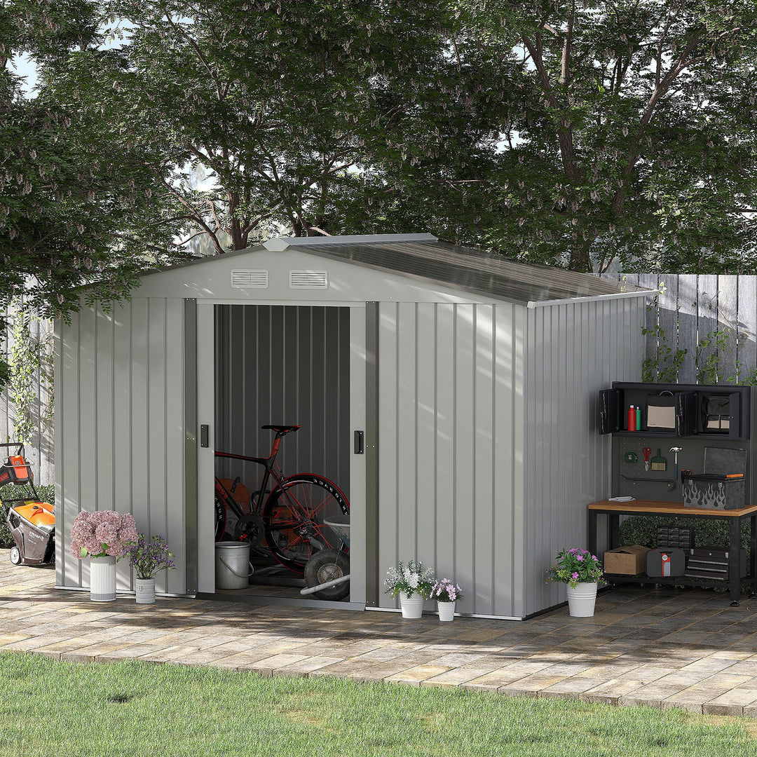 9 x 6FT Garden Storage Shed, Metal Outdoor Storage Shed House with Floor Foundation, Ventilation & Doors, Grey