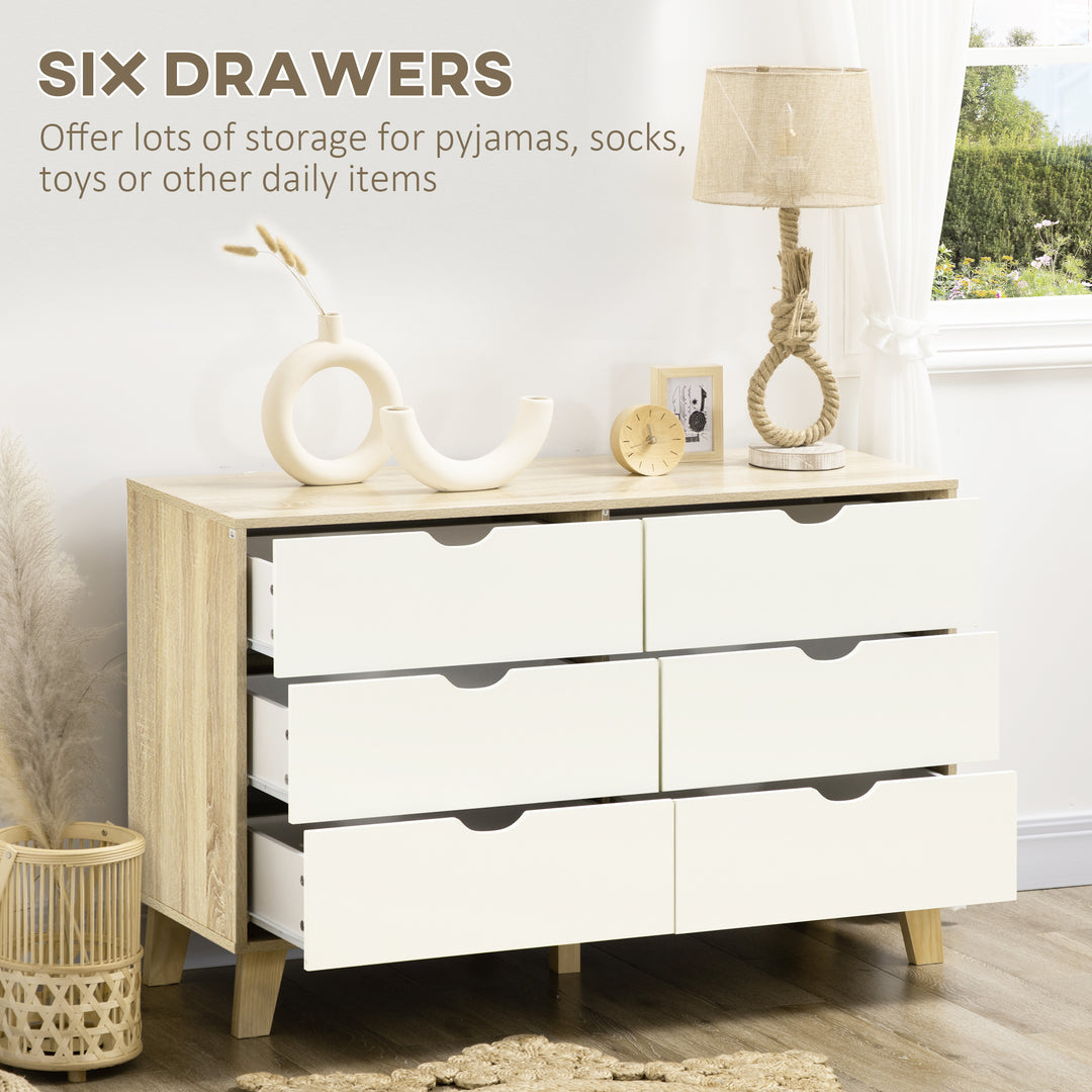 HOMCOM Wide Chest of Drawers, 6-Drawer Storage Organiser Unit with Wood Legs for Bedroom, Living Room, White and Light Brown