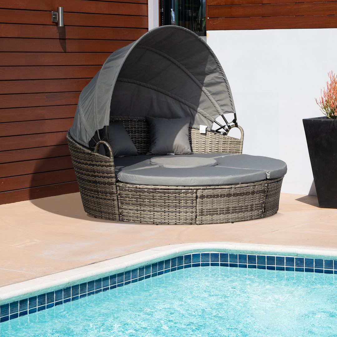Outsunny Rattan Garden Furniture Cushioned Wicker Round Sofa Bed with Coffee Table Patio Conversation Furniture Set - Grey