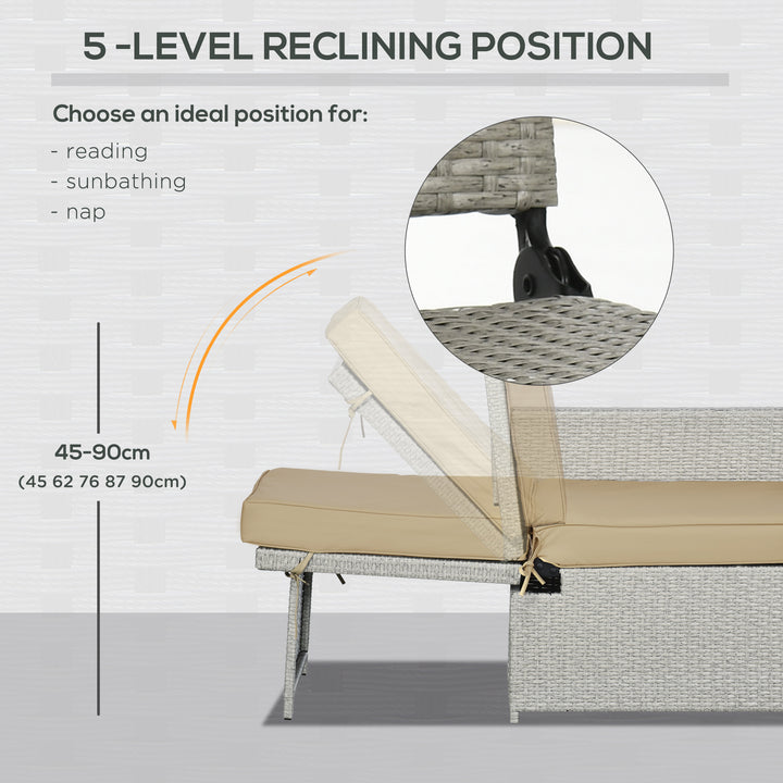 5PC PE Rattan Sun Lounger, Outdoor Wicker 5-level Adjustable Recliner Sofa Bed with Storage Side Table Footstools, for Patio, Garden, Beige