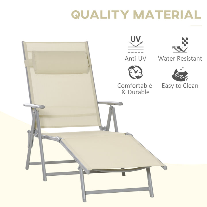 Outsunny Outdoor Folding Chaise Lounge Chair Recliner with Portable Design & 7 Adjustable Backrest Positions ， Steel Fabric Sun Lounger- Beige