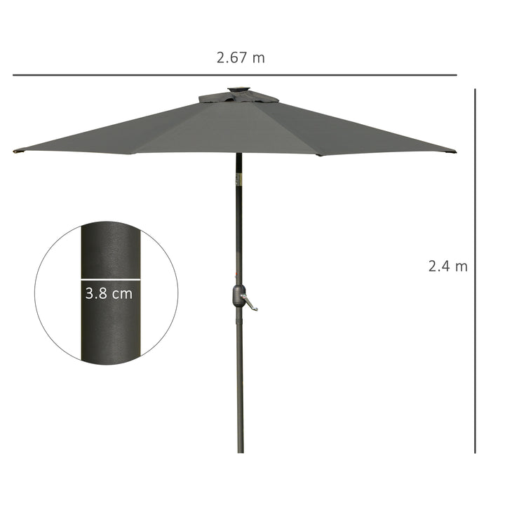 Outsunny 2.7m Garden Parasol, Patio LED Umbrella with Push Button Tilt/Crank 8 Rib Sun Shade for Outdoor Table Market Umbrella Grey