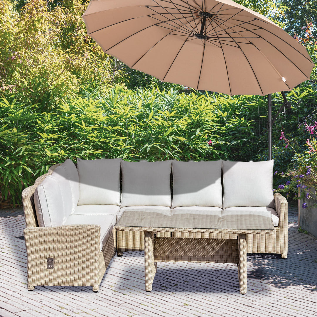 6-Seater Reclining PE Rattan Garden Dining Set Patio Furniture w/Sofa Chairs Glass Table Cushions Adjustable Feet Stylish Lounge Conversation