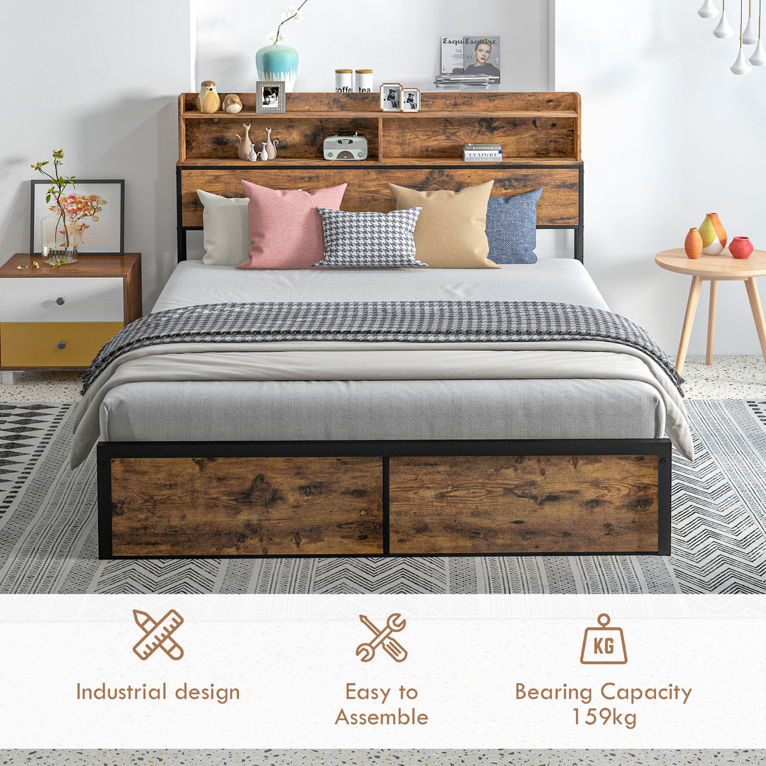 Industrial King Bed Frame, 5.2FT Steel Bed Base with Storage Headboard, Footboard, Slatted Support and Under Bed Storage, 158 x 222cm, Rustic Brown