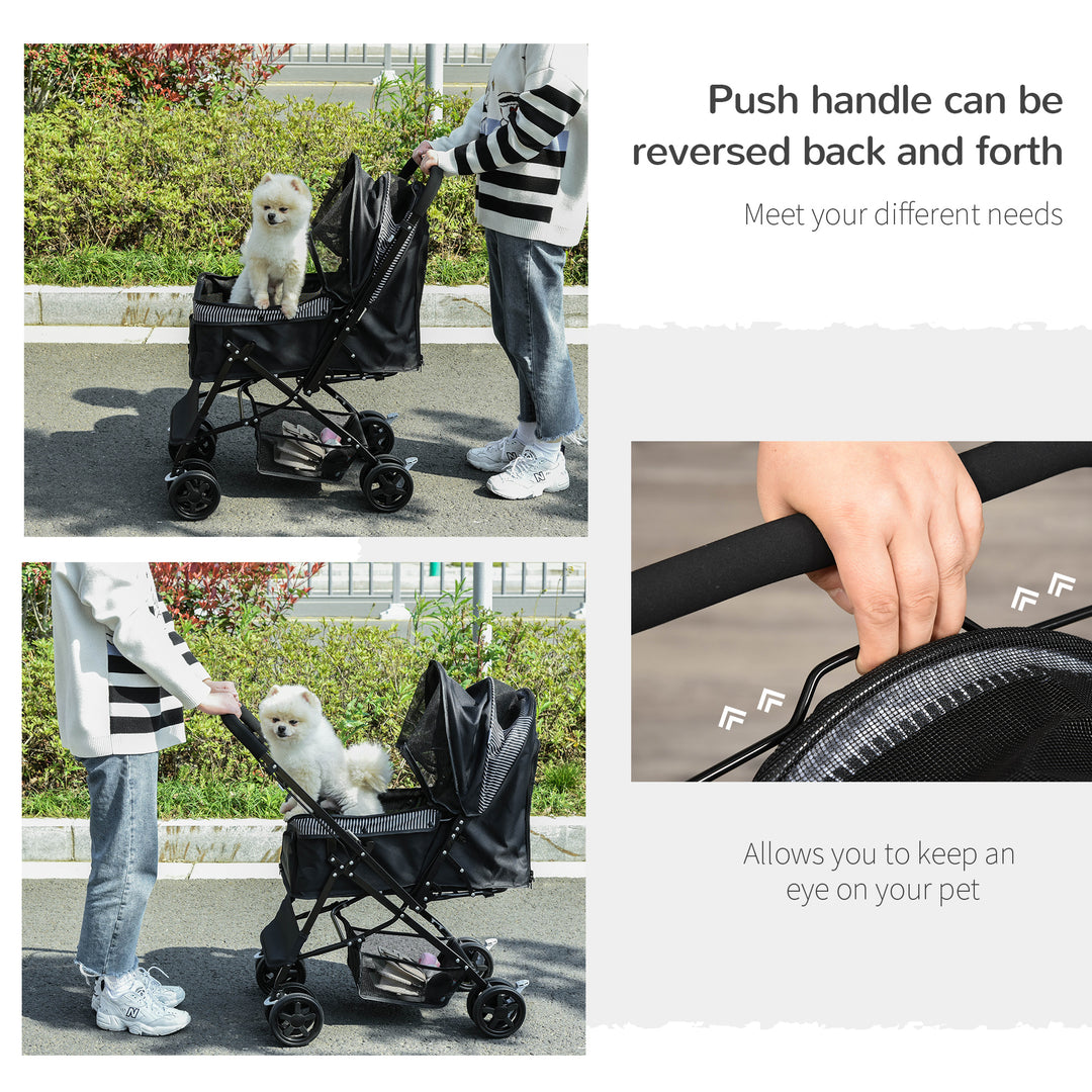 Pet Stroller Pushchair Foldable Travel Dog Cat Carriage w/ Reversible Handle Brake Basket