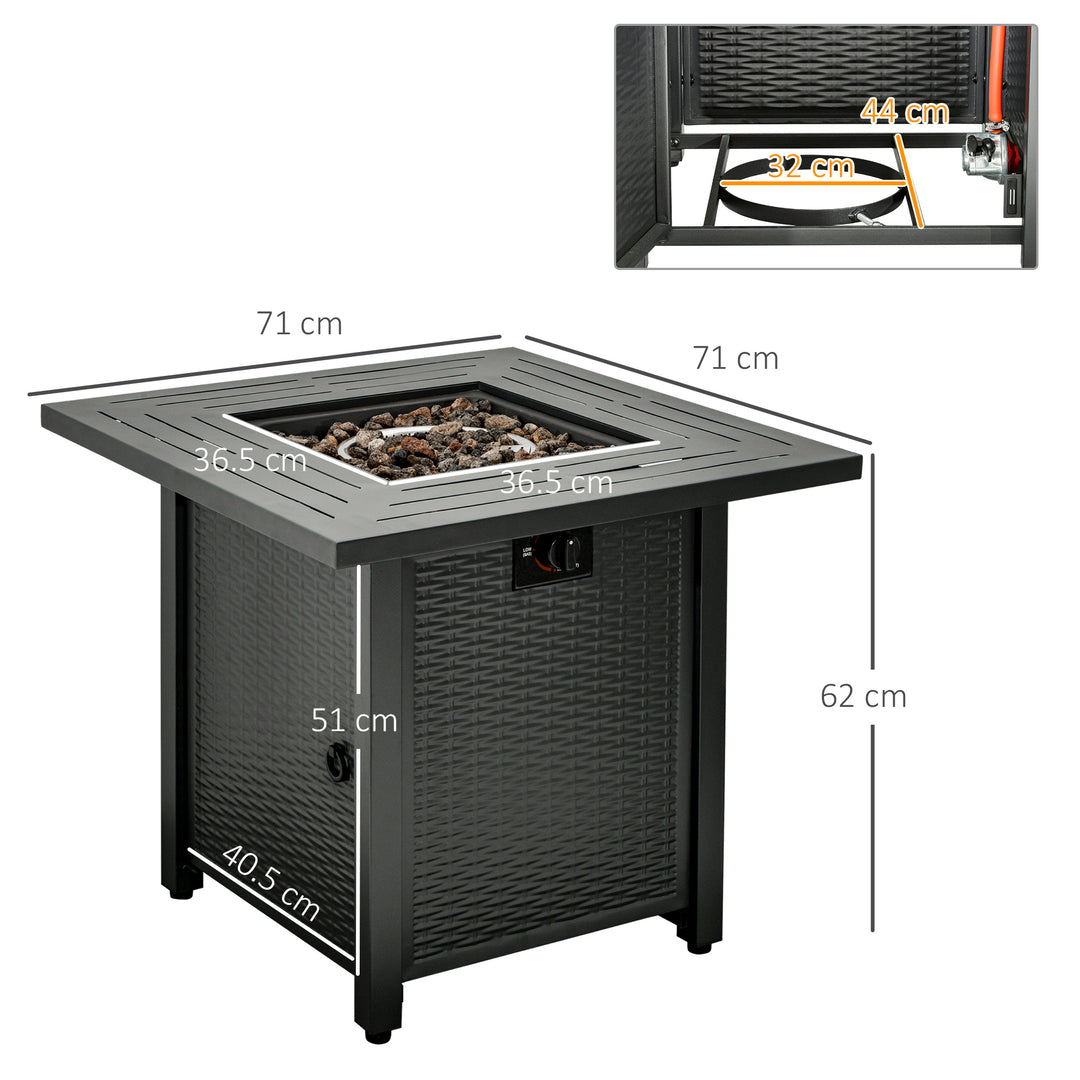 Square Propane Gas Fire Pit Table, 40000 BTU Rattan Smokeless Firepit Patio Heater w/ Protective Cover, Lava Rocks and Lid, 71x71x62cm, Black