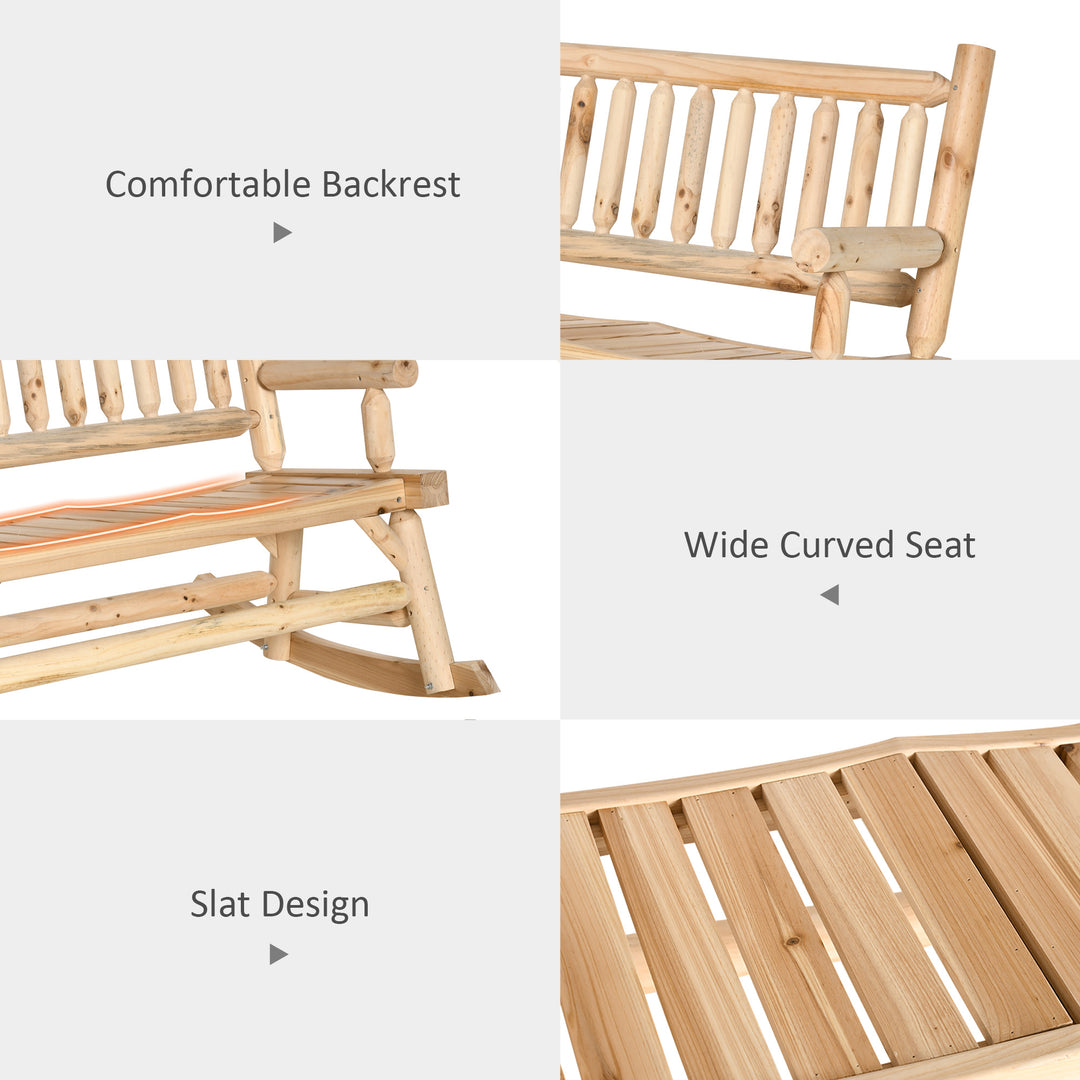 Outsunny Garden 2-Seater Rocking Bench Wood Frame Rough-Cut Log Loveseat Slatted High Back Rustic Style w/ Armrests Garden Outdoor Furniture, Natural