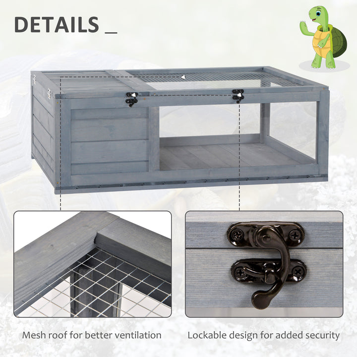 Tortoise House with Mesh Roof, Small Pet Reptile Wooden House, Tortoise Enclosure with Pulled-out Side Panel for Indoor, Outdoor, Grey