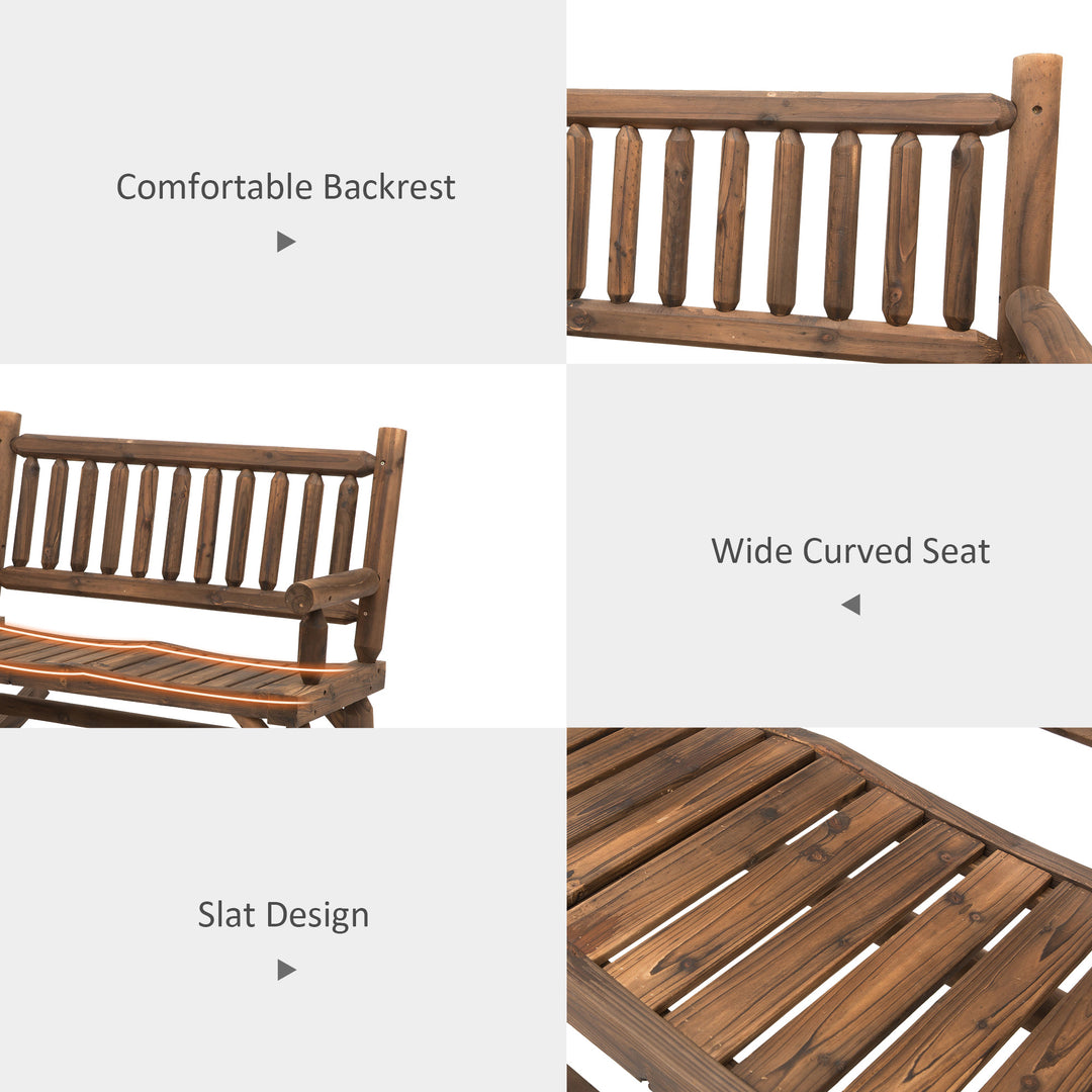 Garden 2-Seater Rocking Bench Wood Frame Rough-Cut Log Loveseat Slatted High Back Rustic Style with Armrests - Dark Stain Brown