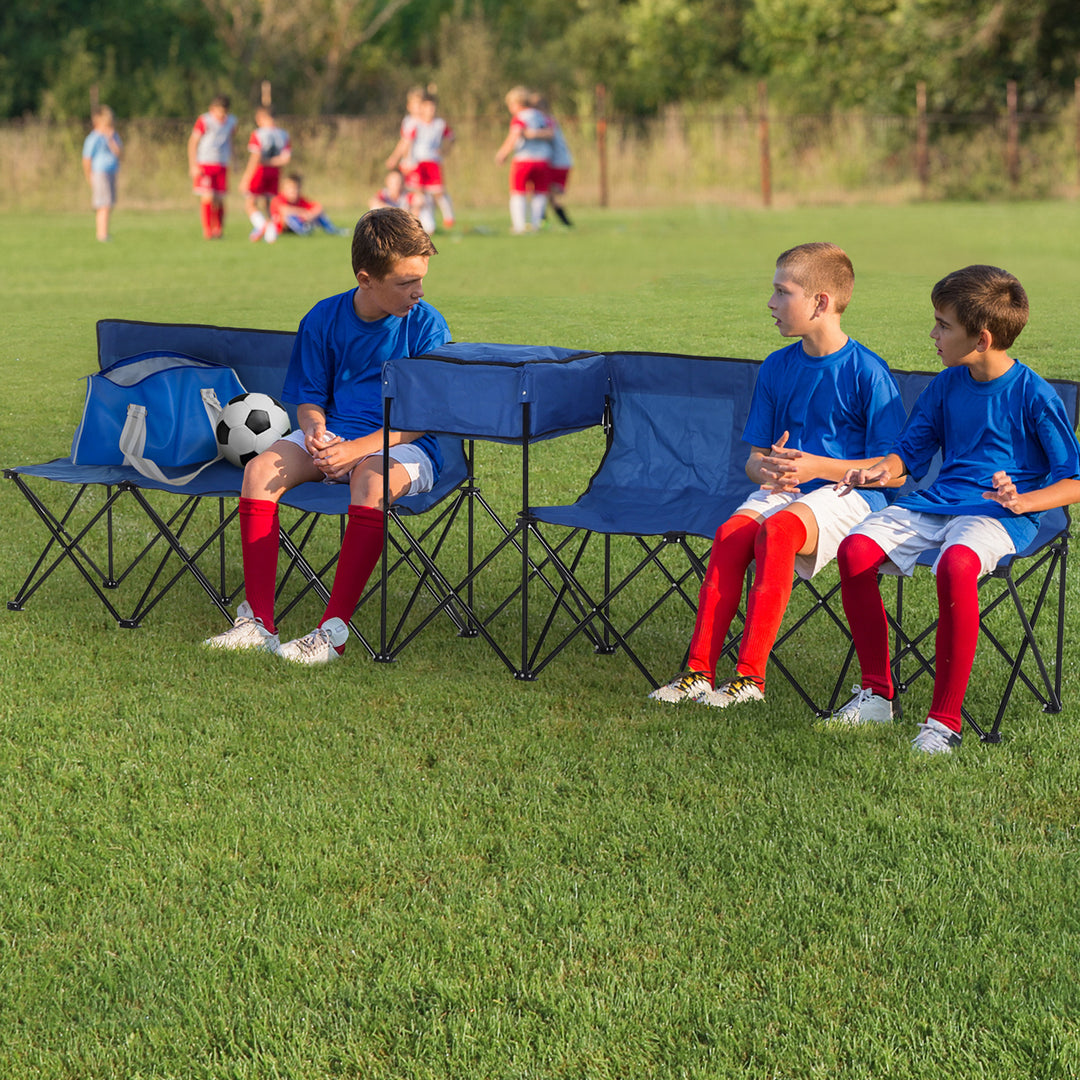 6-Seater Folding Steel Camping Bench w/ Cooler Bag Blue