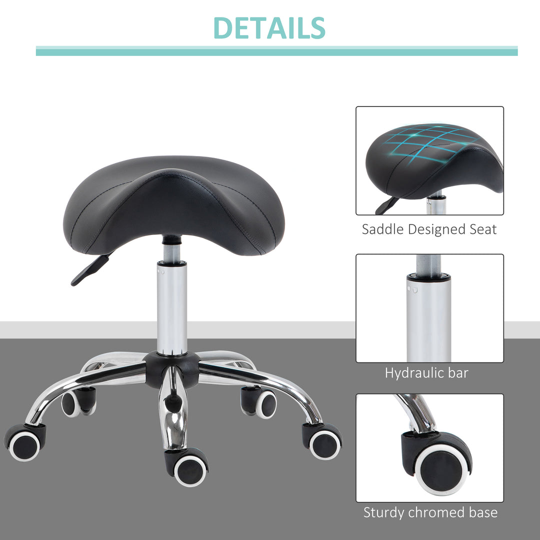 Cosmetic Stool 360° Rotate Height Adjustable Salon Massage Spa Chair Hydraulic Rolling Faux Leather Saddle Stool Mobility - Black