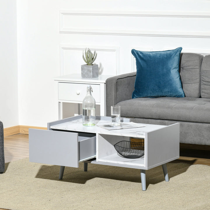 Two-Tone Coffee Table | Duo Storage Side Storage Furniture | Modern Marble Effect w/ Shelf Drawer Table Top Wood Legs Grey - White