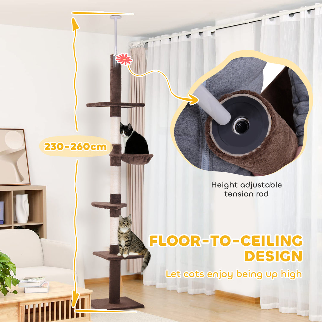 PawHut Floor to Ceiling Cat Tree for Indoor Cats 5-Tier Kitty Tower Climbing Activity Center Scratching Post Adjustable Height 230-260 cm Brown