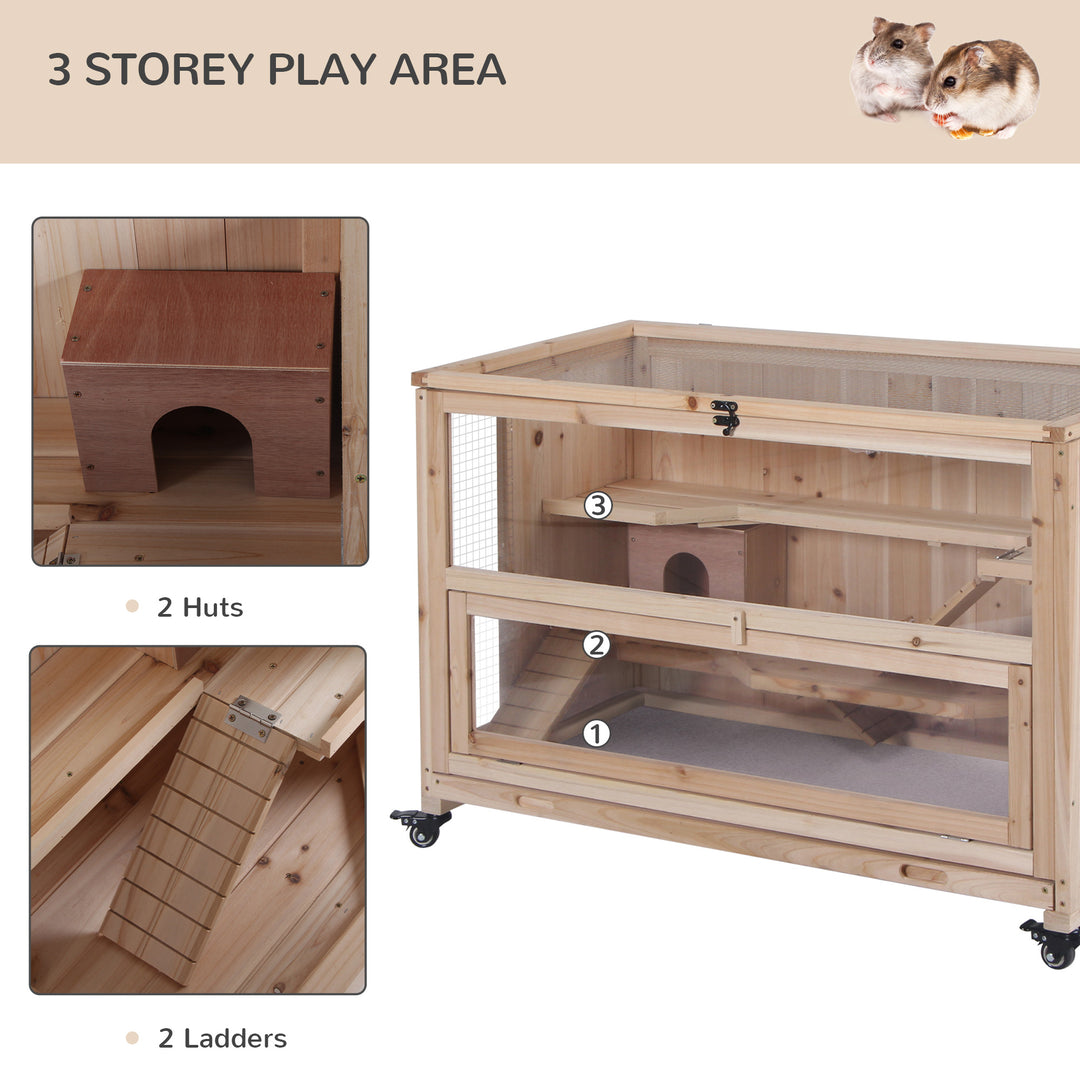 Wooden Hamster Cage, Mice Rodent Small Animals Kit Hutch, 3 Tiers Exercise Play House, with Wheels, Bottom Tray, 99 x 50 x 69 cm, Natural Wood