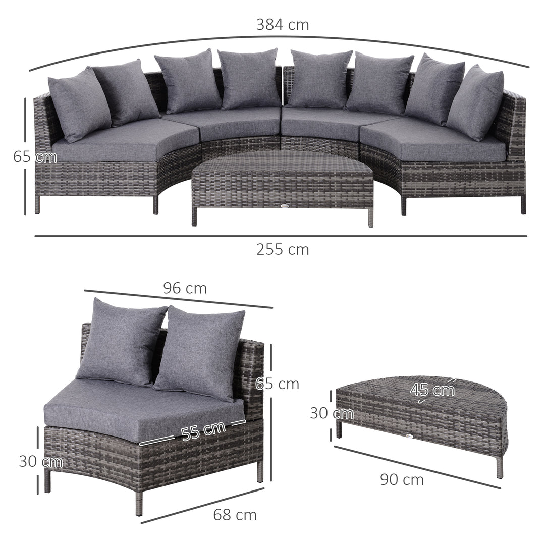 Outsunny Rattan Garden Furniture 4 Seaters Half-round Patio Outdoor Sofa & Table Set Wicker Weave Conservatory Cushioned Seat with Pillow - Grey