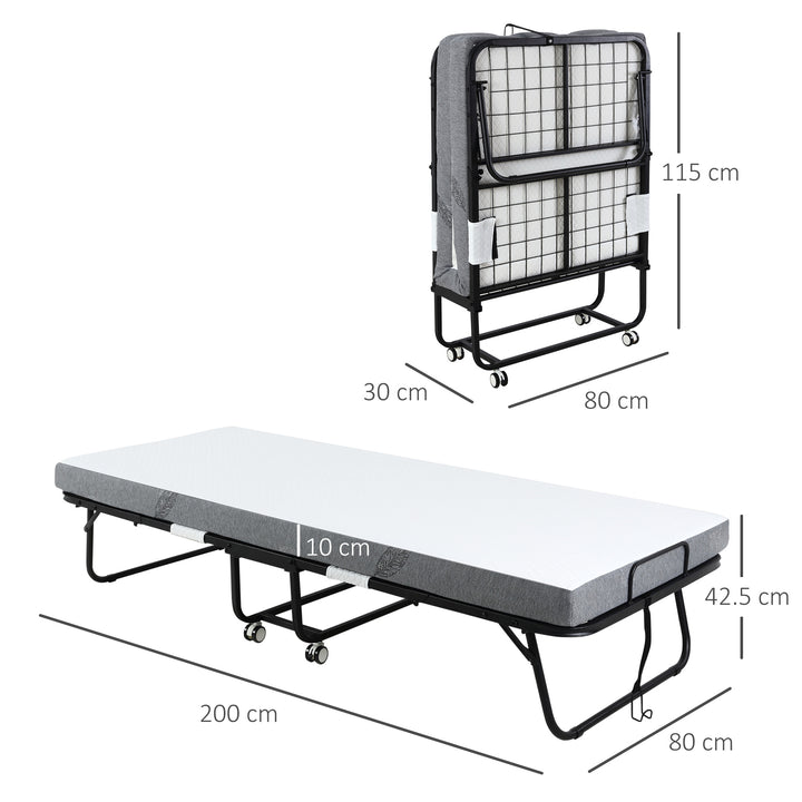 Folding Bed with 10cm Mattress, Portable Foldable Guest Bed with Sturdy Metal Frame on Wheels