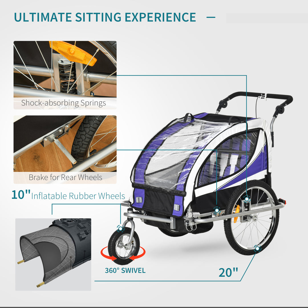 Child Bike Trailer Baby Bicycle Trailer 360° Rotatable for 2 Kids with Steel Frame LED Purple