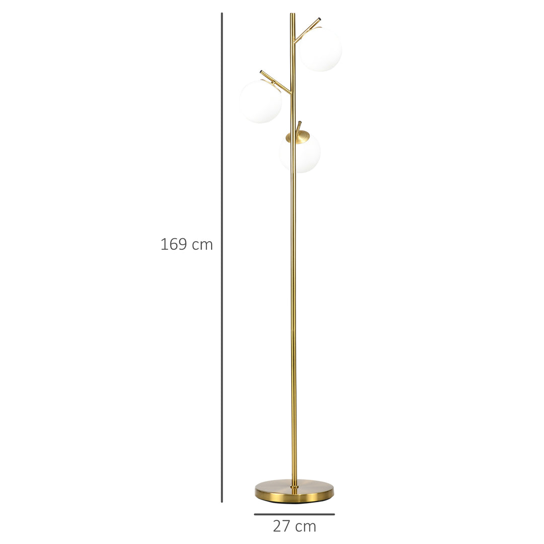 3-Light Tree Floor Lamps for Living Room, Modern Standing Lamp for Bedroom with Globe Lampshade, Steel Base, (Bulb not Included), Gold Tone